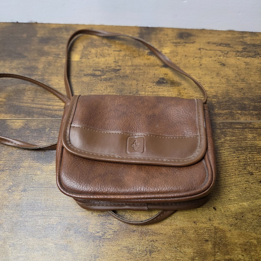 Vintage Brown Faux Leather Mini Crossbody Shoulder Bag Fleur-de-Lis Flap Purse